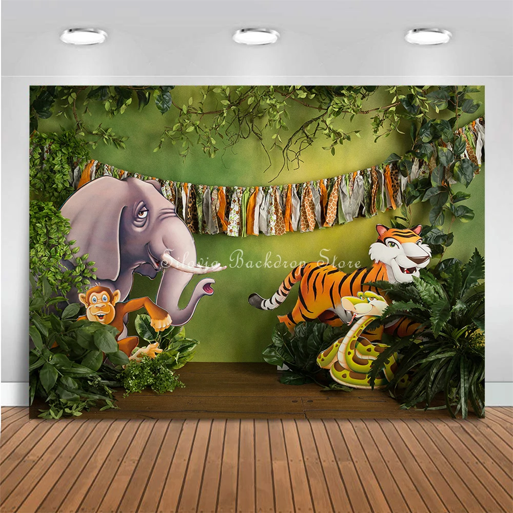 Jungle Story Animals Photo Background Tiger Elephant Decor Children Birthday Cake Smash Photography Backdrop Photo Studio Props