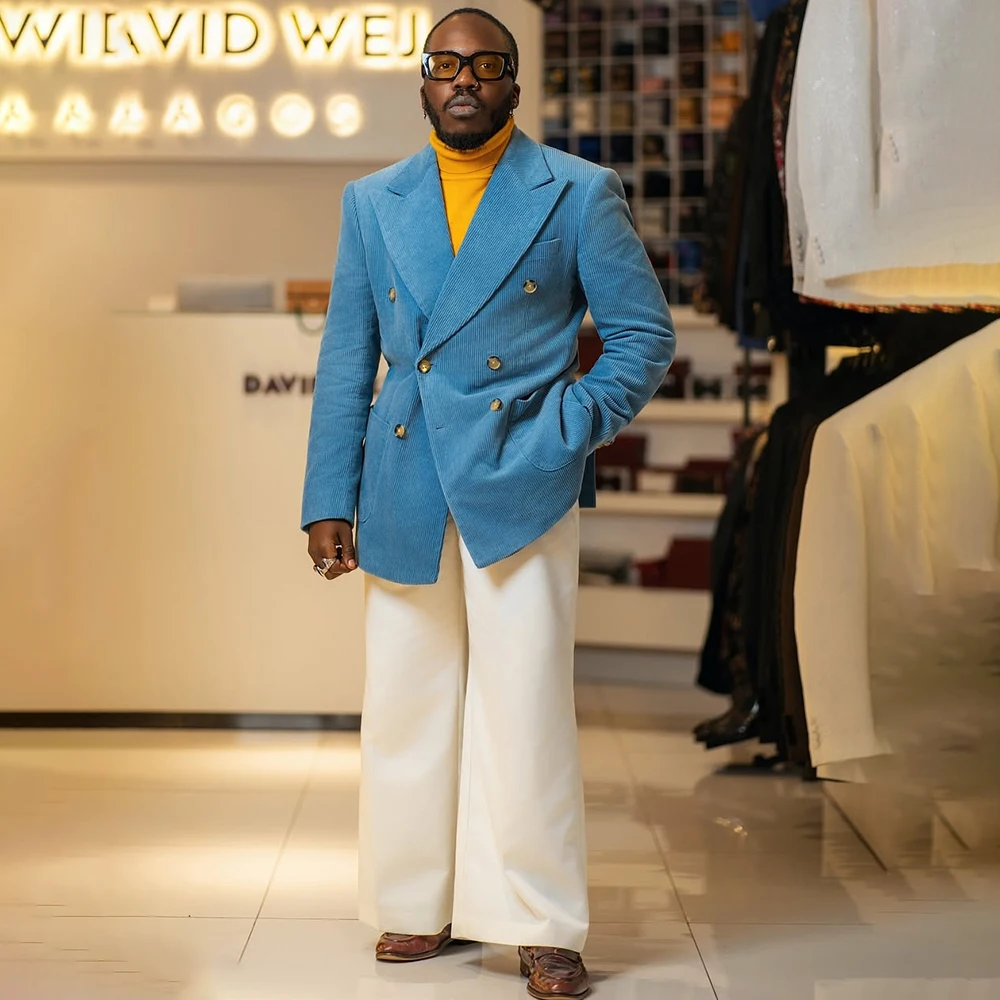 

High Quality Men's Suits Formal Double Breasted Peak Lapel Slim Fit 2 Piece Jacket Pants Outfits Luxury Corduroy Blazer