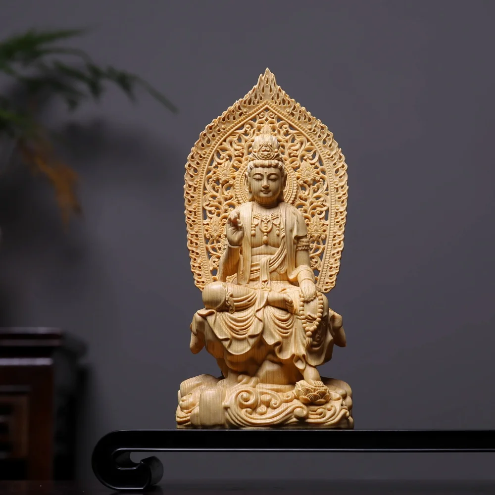 Handcrafted Wood Seated Guanyin Buddha Statue Intricate Lotus Carved Bodhisattva for Home or Temple Altar, Spiritual Decor