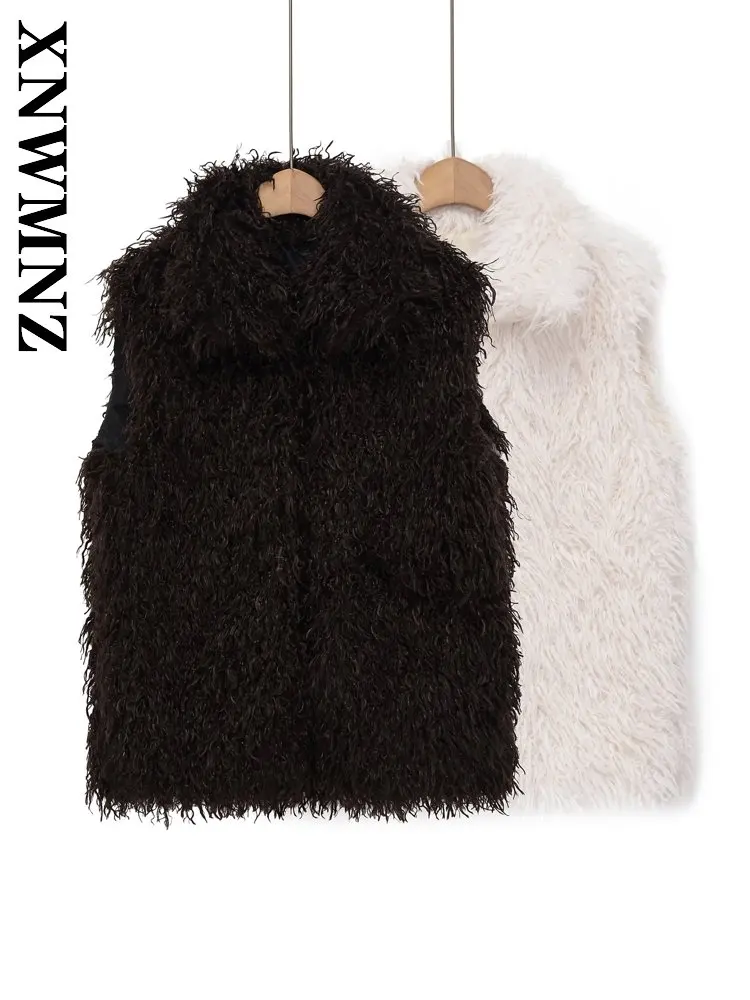 

XNWMNZ 2025 Winter New Lady Casual Party Sleeveless Turn-down Collar Faux Fur Waistcoat Fashion Chic Autumn Woman Loose Fit Top