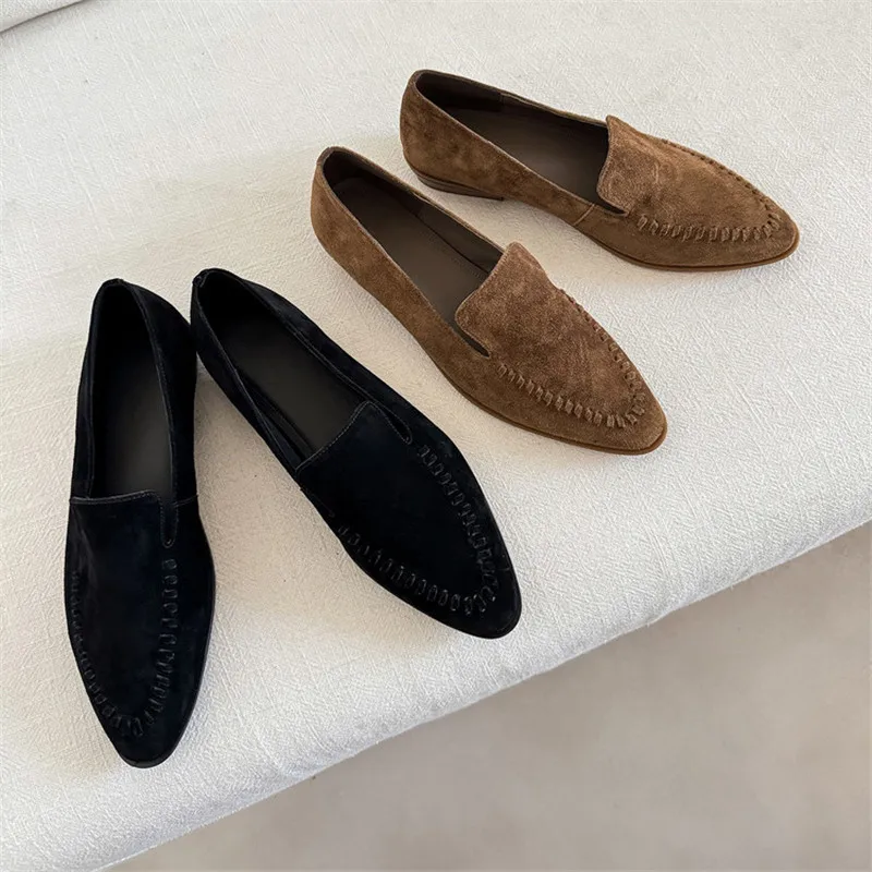 Nuevos mocasines de primavera/otoño para mujer, zapatos de cuero de ante de oveja para mujer, zapatos de tacón bajo con punta redonda, zapatos sin cordones para mujer, zapatos de uso diario