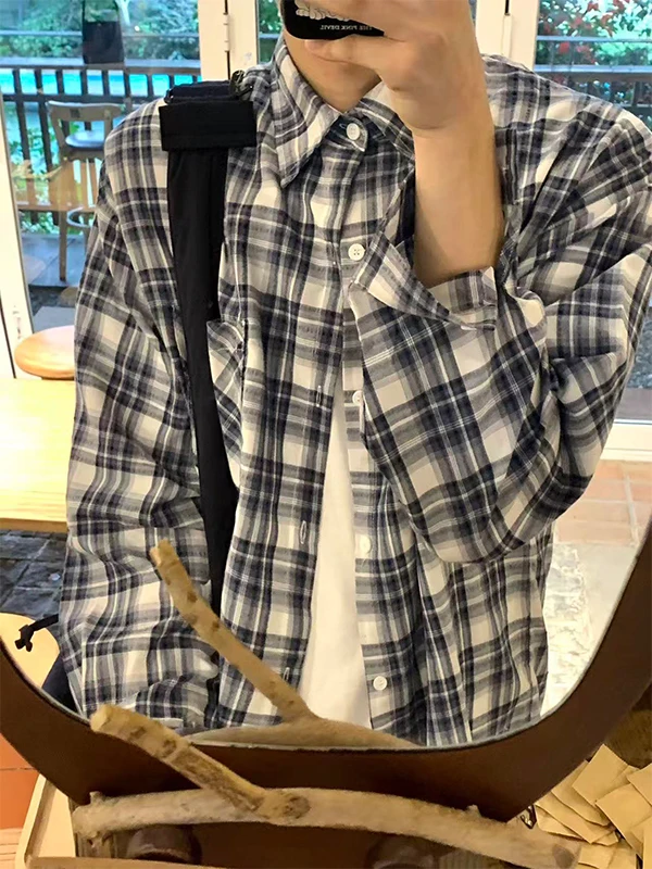 

American Plaid Long Sve irt Vintage Retro Collar Outerwear for Men And Women Spring Season Casual Sle Polyester F...