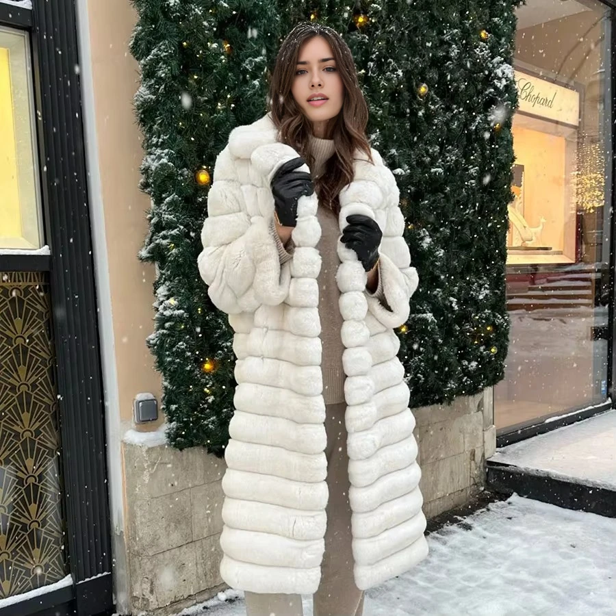 Fur Coat Women White Long Rabbit Fur Coat Women Winter Real Rex Rabbit Fur Coat Genuine Fur Rabbit Coat For Girl Natural Rabbit