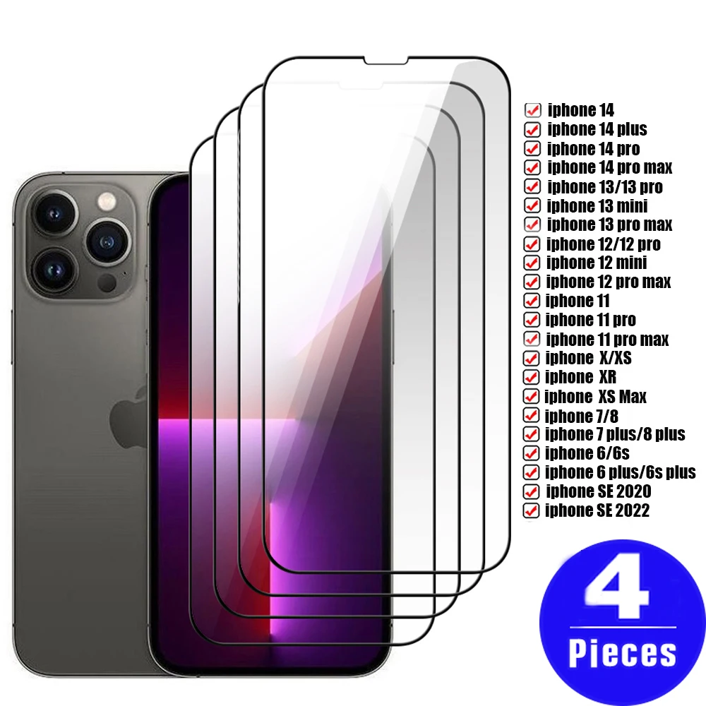 

4 шт. для iphone 14 13 pro SE 3 закаленное стекло Защита экрана для iphone 11 12 mini X XS max XR 8 7 plus 6 6s защитная пленка