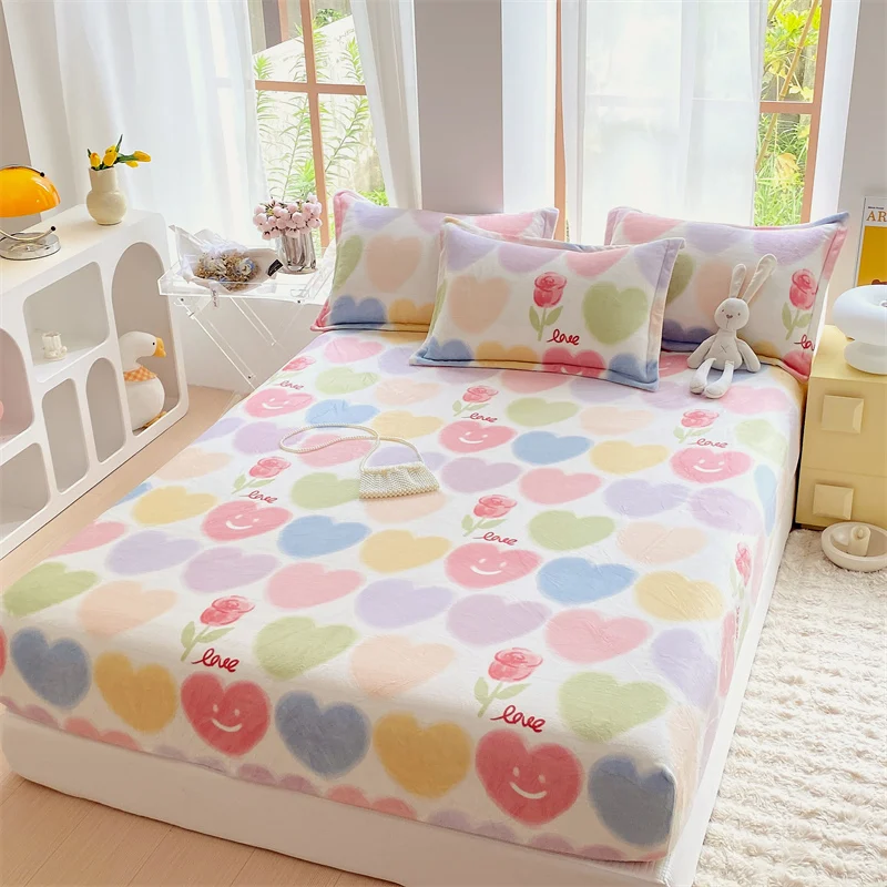 3Pcs Colorful Heart Pattern Flannel Fitted Sheet Set Skin-friendly Fuzzy Non-slip Mattress Cover Winter Home Warm Soft Bed Cover