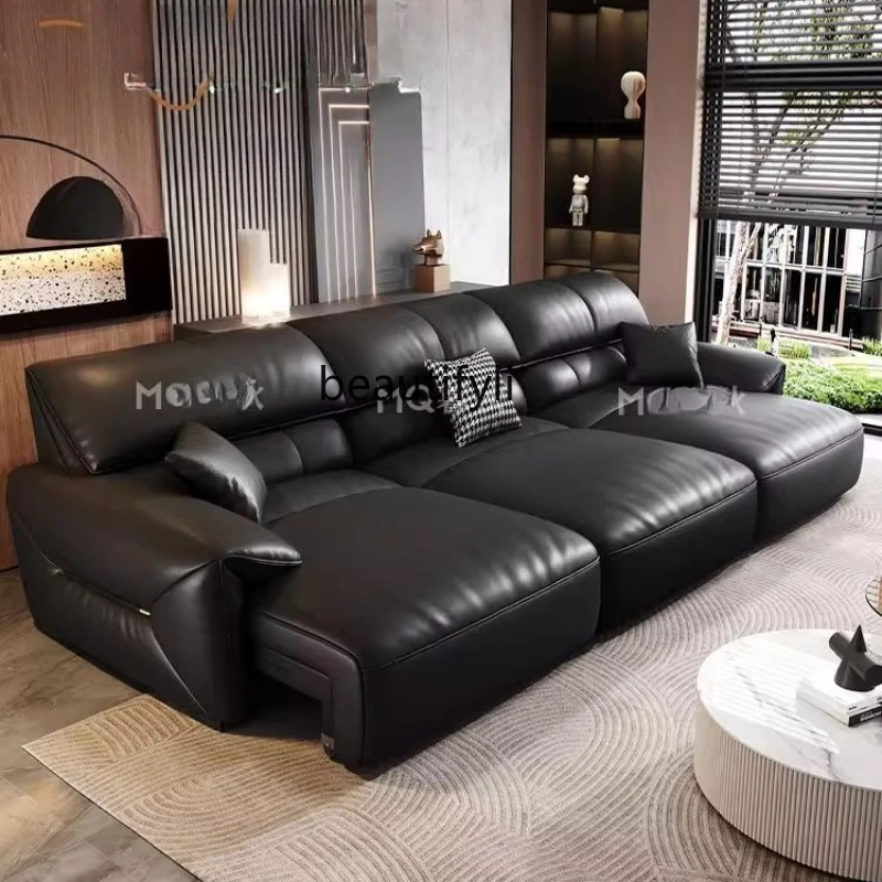 

Leather electric function sofa bed simple living room first layer cowhide sofa Italian minimalist