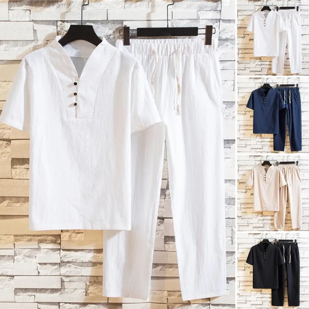 New Arrival Men's Cotton and Linen Short Sleeve T-shirt+Ankle Length Pant Set Solid Shirt+Trousers Home Suits Male Size M-3XL