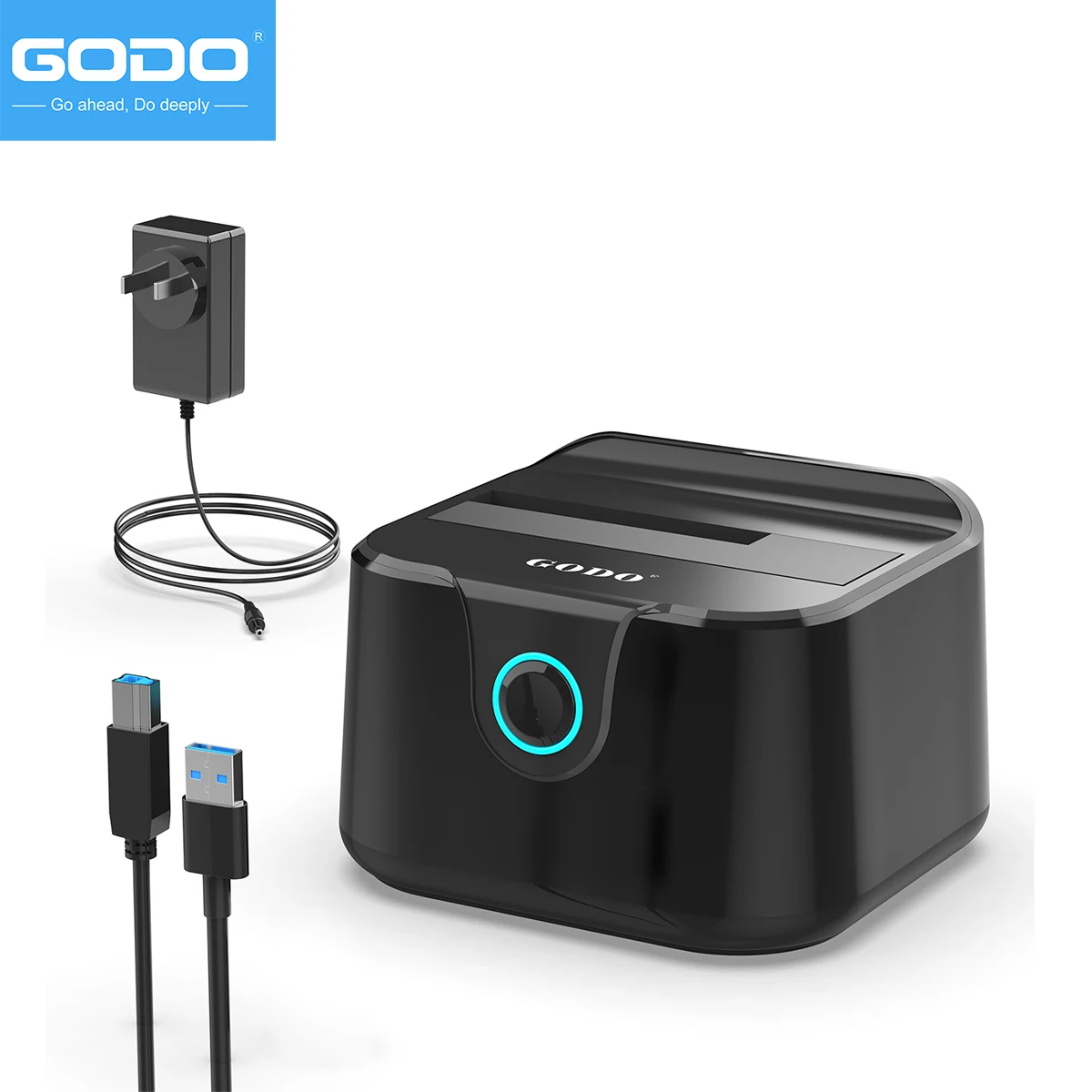 GODO Station d'accueil pour disque dur unique USB 3.0 vers SATA III pour disque dur SSD 2,5/3,5 pouces, station de disque dur externe avec UASP (5 Gbps)