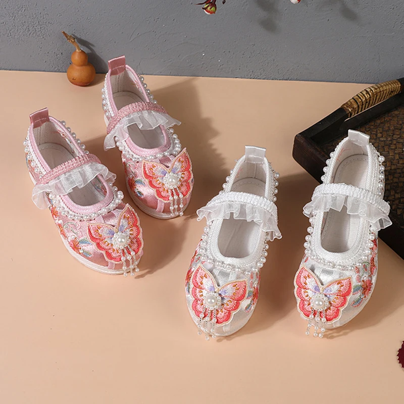 Girls Flat Bottomed Embroidered Sandals Comfort Girls Shoes Children's Embroidered Cloth Princess Shoes