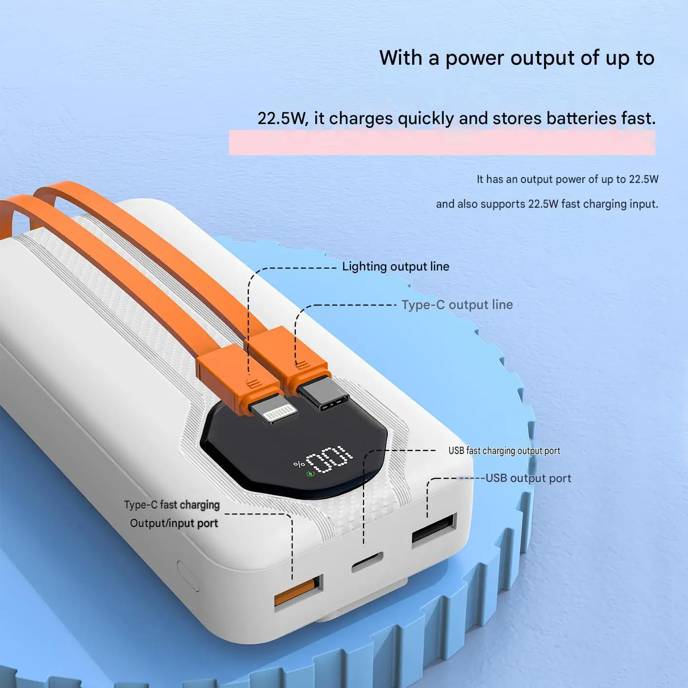 20000mAh Power Bank with Digital Display Built-in Cable Fast Charging Portable Charger 3C Certified Super Fast Charge Large Capacity External Battery Pack Airplane Friendly for Travel Smart Phone