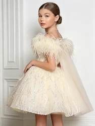 Feather luxurious Girl Party Dresses Elegant Fluffy Girl Princess Dress Children Birthday Wedding Evening Dress 1y-14y Customize
