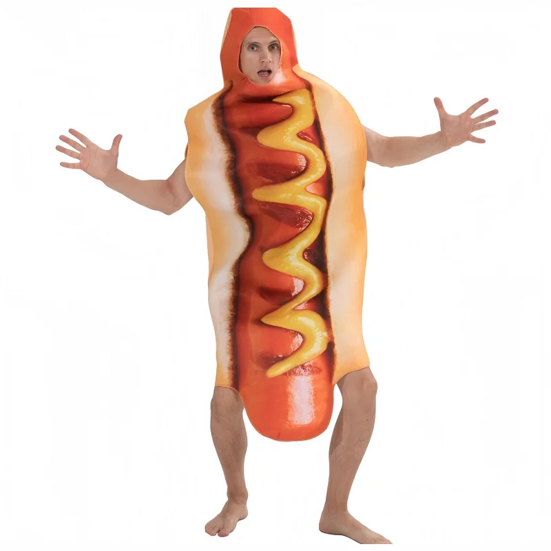 Adult Hot Dog Costume One Piece Hooded Sleeveless Funny Food Cosplay Jumpsuit For Halloween Party Carnival Fancy Dress Up Unisex - view 2
