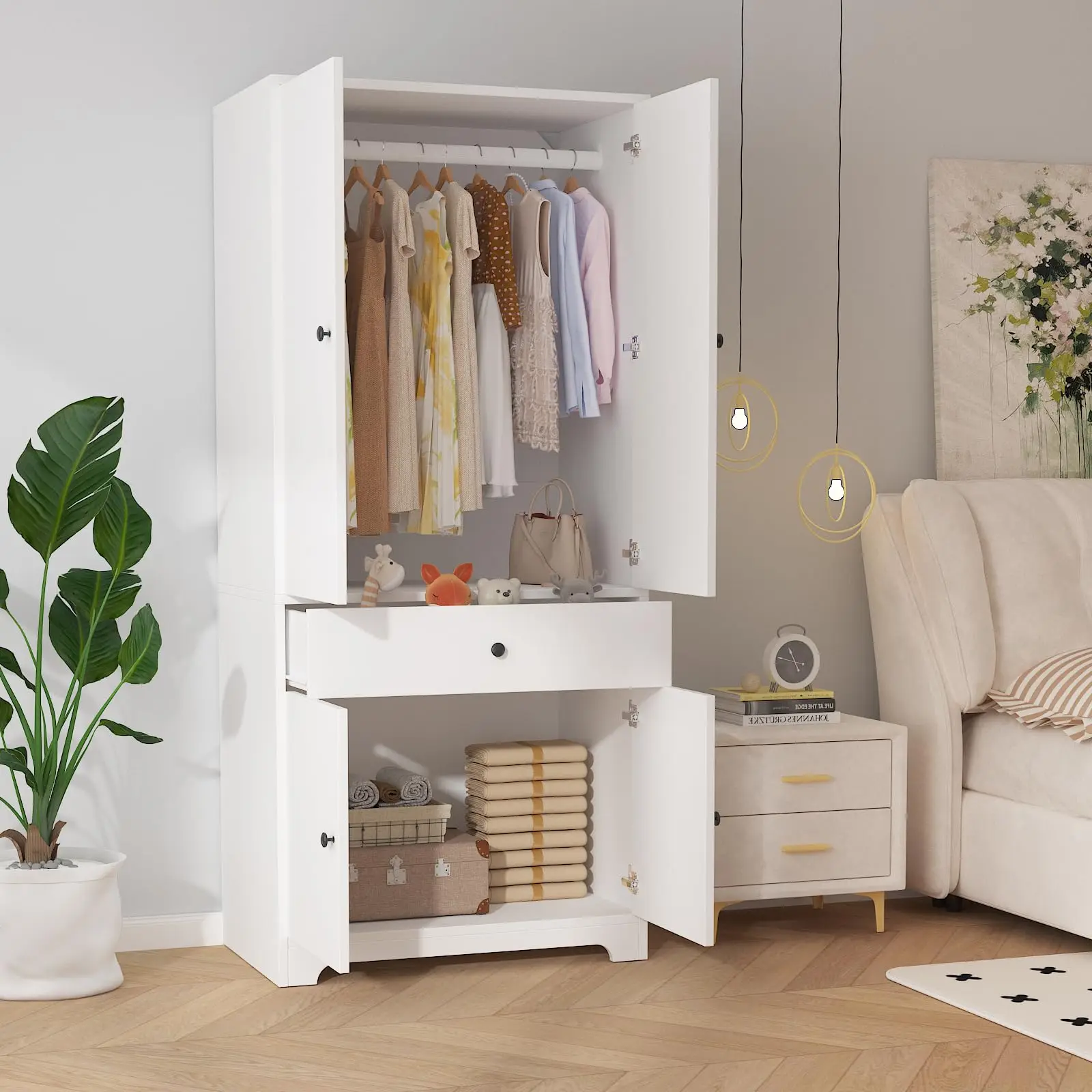 71 Inch Armoire Wardrobe Closet With 4 Doors, Drawer, Adjustable Shelves & Hanging Rod, Wooden Clothing Storage Cabinet For Bedroom