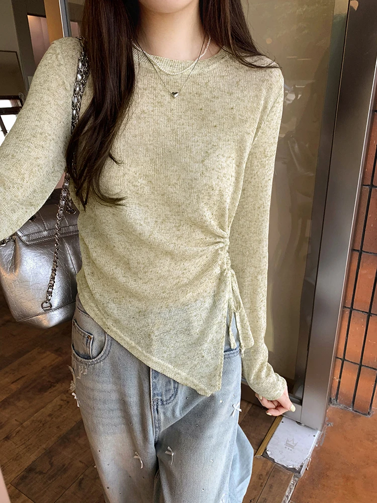 Slimming Effect Knitted Top Women's Summer New Style Thin Transparent Waist Exposure Drawstring Asymmetrical Design Pullover