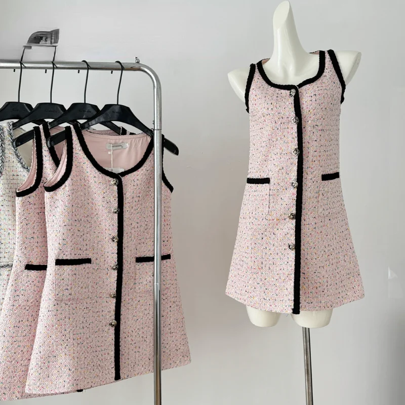 

Women Casual Woven O Neck Pink Small Fragrance Dress Simple Chic Sleeveless Single-breasted Tweed Elegant Vest Dress Summer