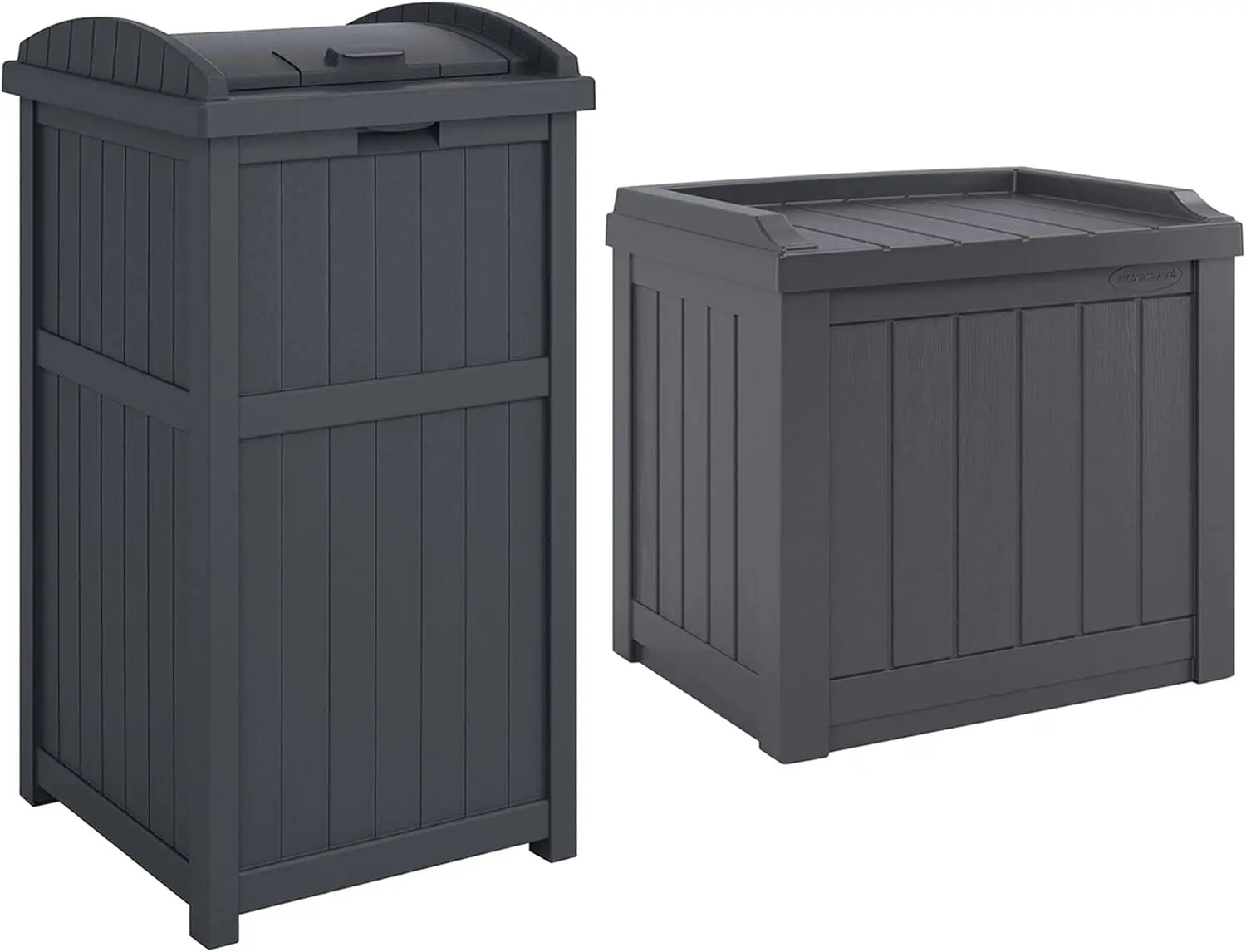 

Suncast 22-Gallon Outdoor Patio Backyard Deck Box Storage Bench and 30-Gallon Hideaway Trash Waste Bin with Latching Lid, Cybers
