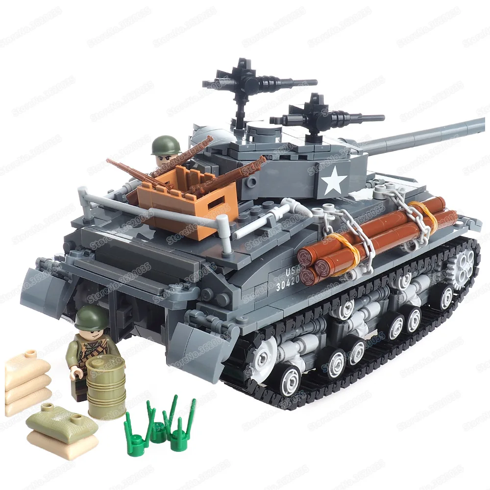 M4A3E8 Sherman tank Building Block Assembly WW2 Military Equipment figures Weapons Armored Tank War Model Children Gift Boy Toys