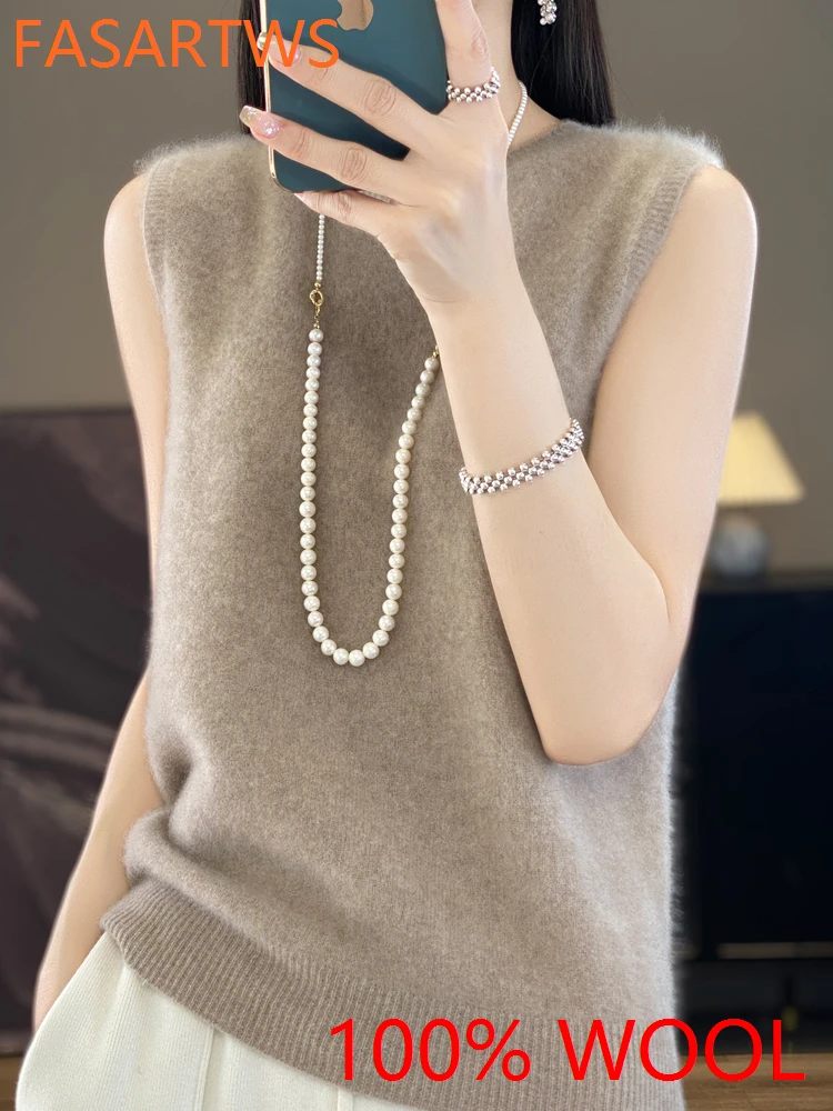 

New Women's Seamless Sweater Vest 100% Wool Round Neck Sleeveless Cable Knit Pullover Cozy Layering Piece Sustainable Fashion