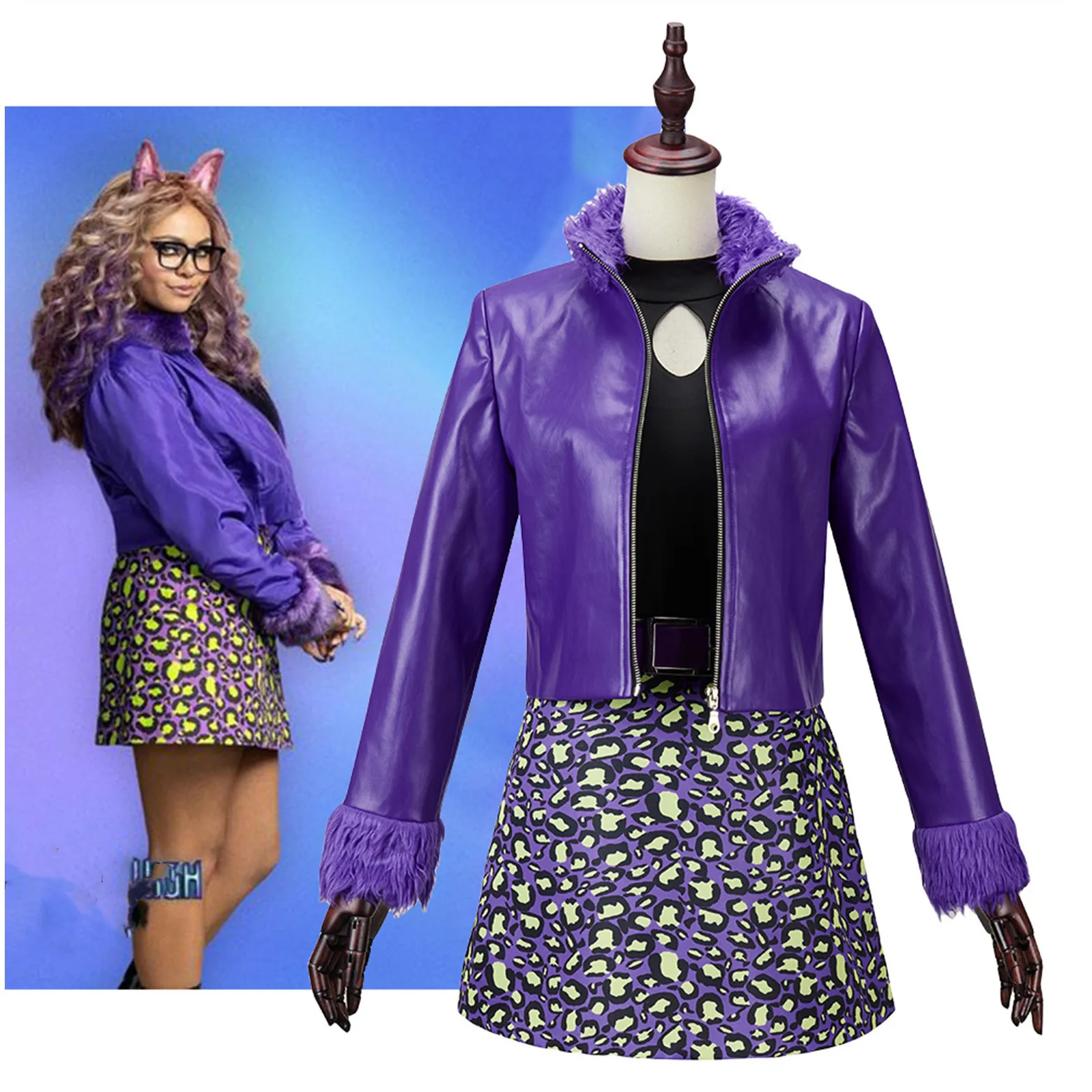 

Anime Clawdeen Wolf Cosplay Costume Purple Flocky Coat Belt Sweater Skirt Suit for Women Girl Halloween Carnival Outft