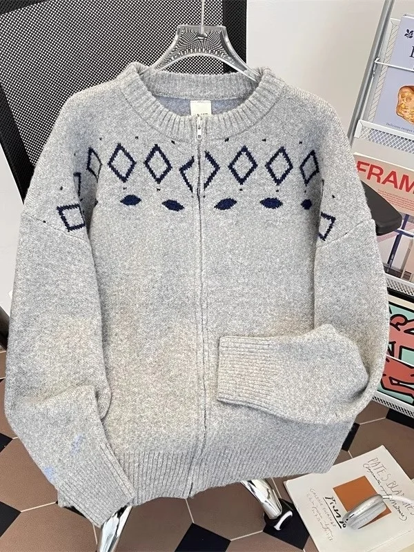

Zippered Knitted Cardigan Sweater Men's Casual Faion Loose Teenager Haome Couple Knitwear Trendy Autumn Winter Outerwear