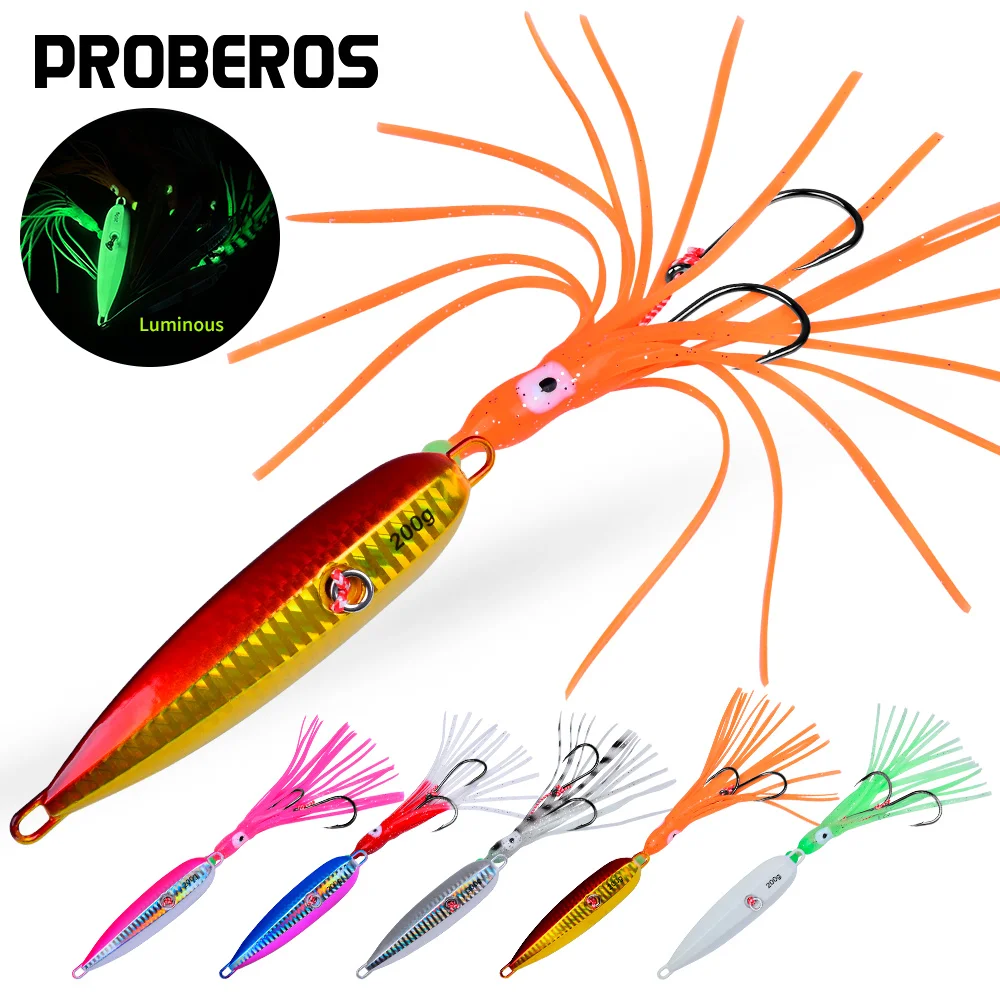 

Luminous Saltwater Bait Slow Sinking Jig Lures 40g 200g with Squid Skirts for Marlin Snapper Grouper Deep Sea Anglers