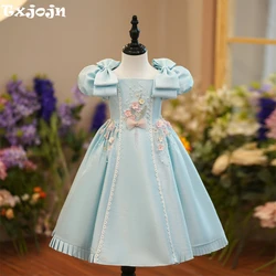 Light Blue Square Neck Puff Sleeves A-line Dresses For Girls Performance Activities Charming Beads Princess Gown Birthday Party