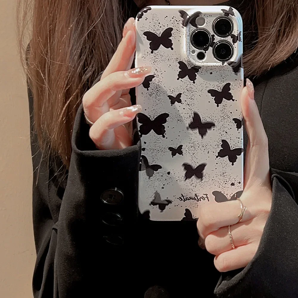 Retro splash ink black butterfly Glossy Cartoon Phone Case For iPhone 15 14 13 12 11 Pro Max Xr 15 14 Plus Case Cute hard Cover