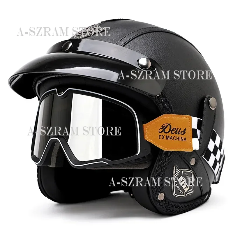 Casque de moto en cuir à visage ouvert, casque rétro d'été, casque vintage, casque de vélo de course, casque de VTT, DOT