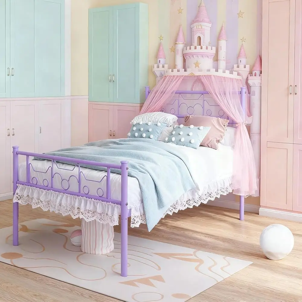 إطار سرير مزدوج معدني برينسيس أرجواني مع لوح أمامي ولوح قدم وتخزين للأطفال