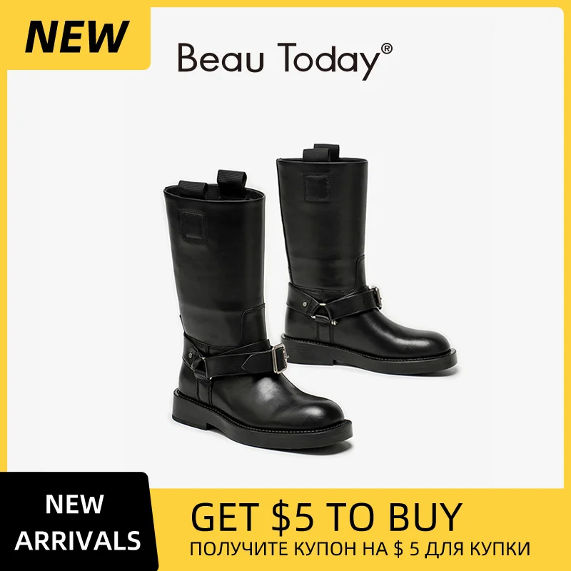 BEAUTODAY Cow Leather Boots Women Mid- Calf Round Toe Tringle Buckle Slip On Autum Winter Ladies Tube Shoes Handmade 02551