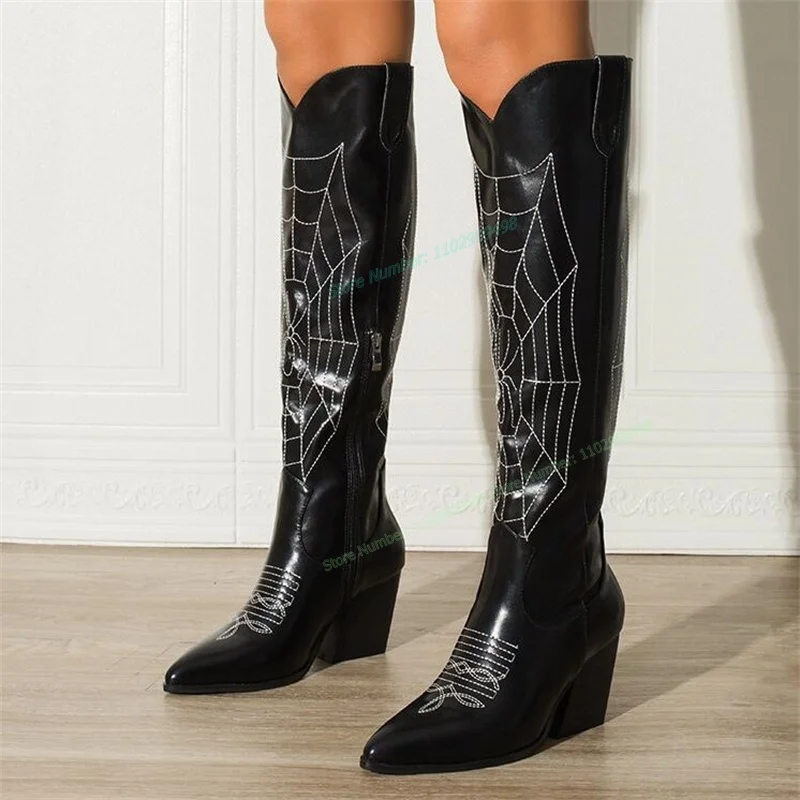 

Spider Web Chunky Heels Knee High Boots Black Pointed Toe Shoes for Women Fashion Cowboy Knight's Boots 2023 Zapatos Para Mujere