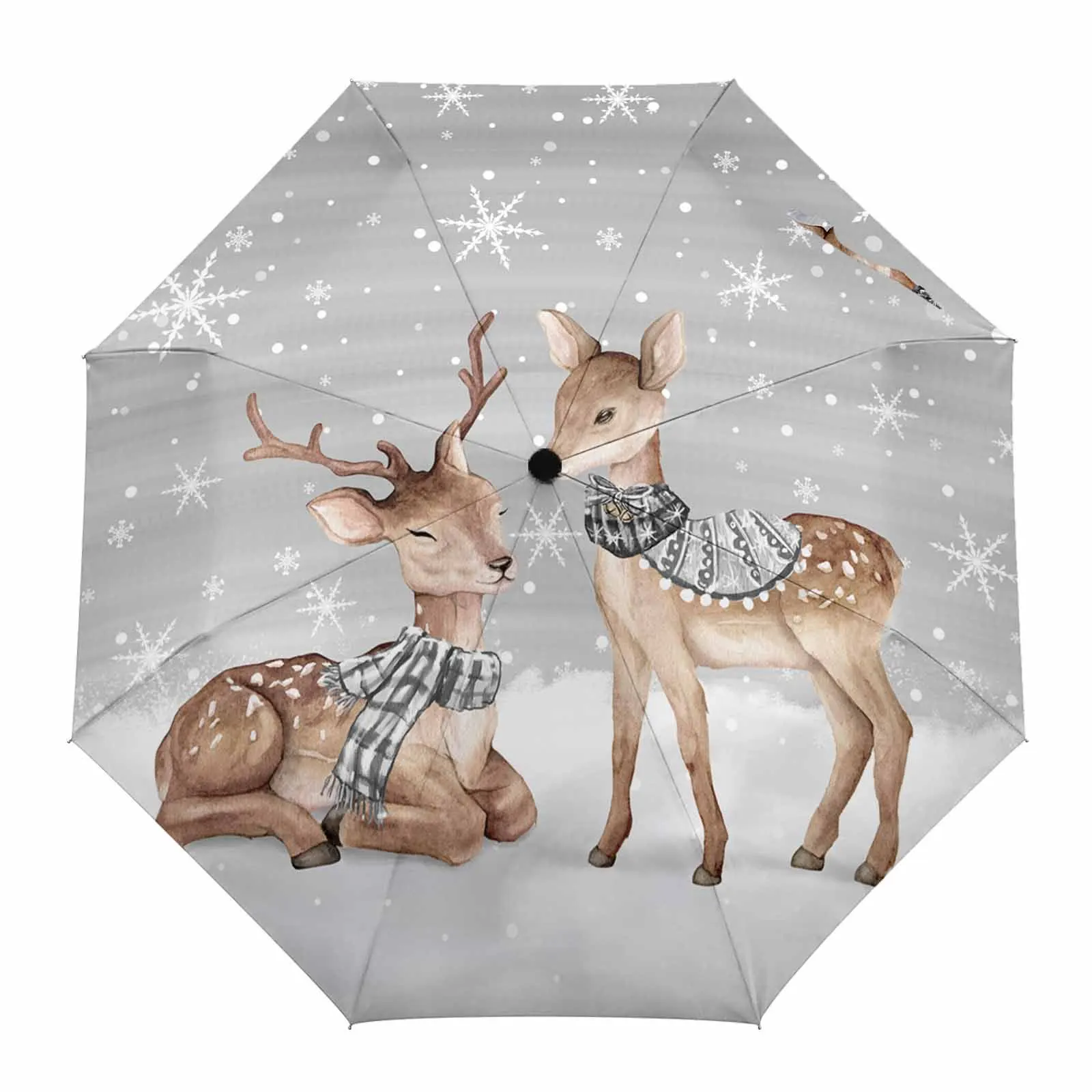 Winter Deer Snowflakes Flower Automatic Umbrella for Rain Foldable Parasol Umbrella Eight strand Outdoor Umbrellas