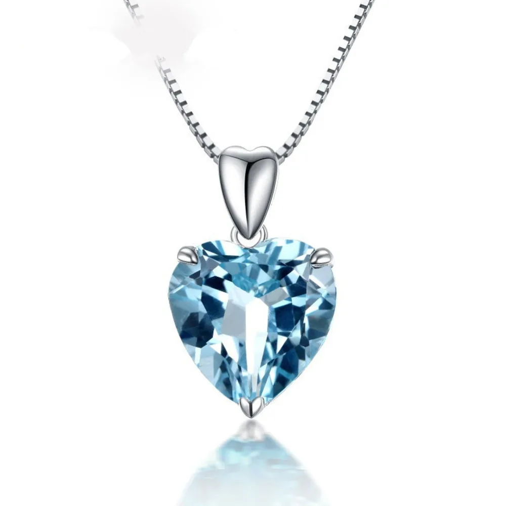 WOSIKATE 925 Sterling Silver Navy Blue Topaz Heart Pendant Necklace For Women Fashion Jewellery Clavicle Chain Necklace