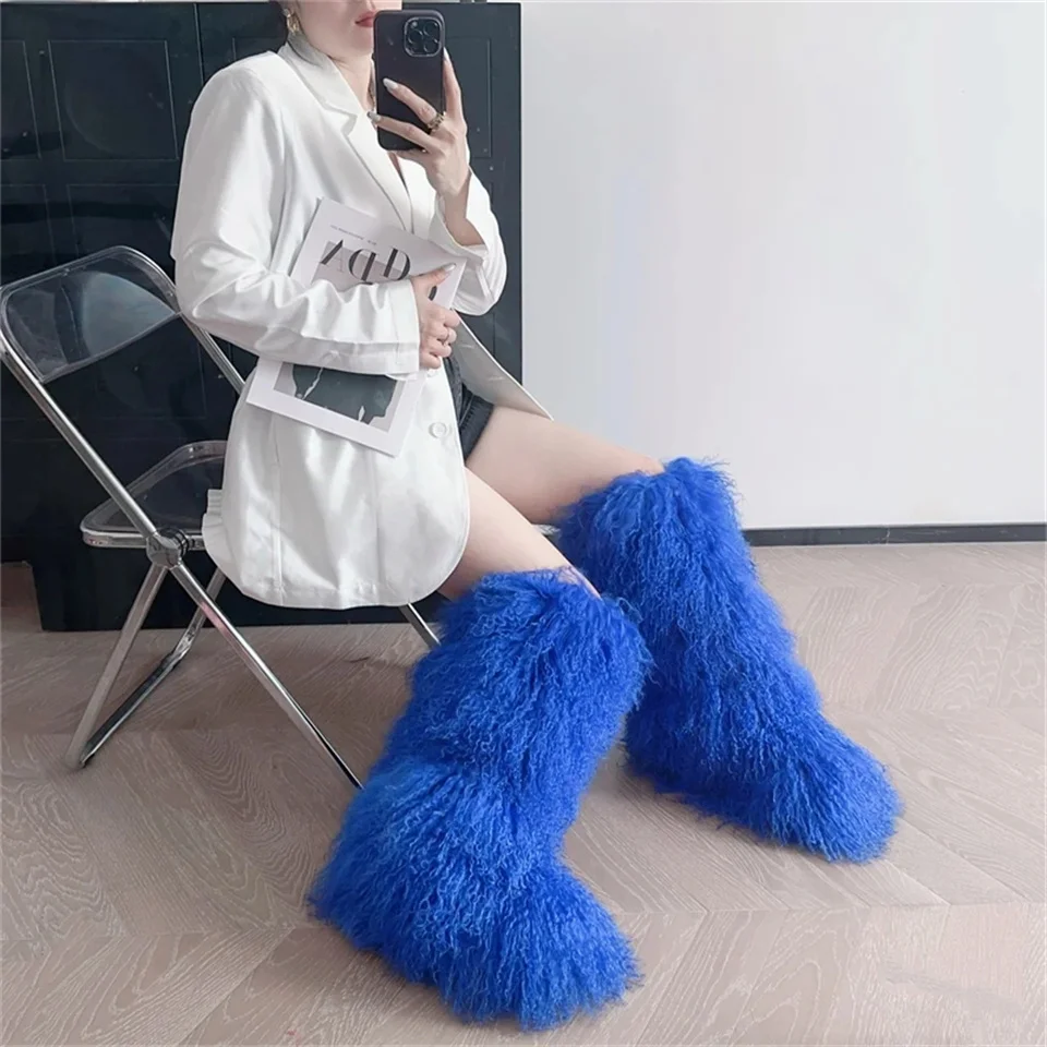 Women's Boots 2024 Trend Winter Shoes For Woman Real Mongolian Fur Noots Wool Boots Warm Snow Boot Fur Boots Women Fur shoes