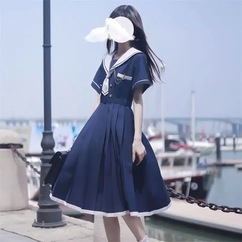 Preppy Style JK Sailor Dresses Vintage Summer Midi Dresses For Women 2024 Japanese Pleated Dress Kawaii Lolita White Dresses