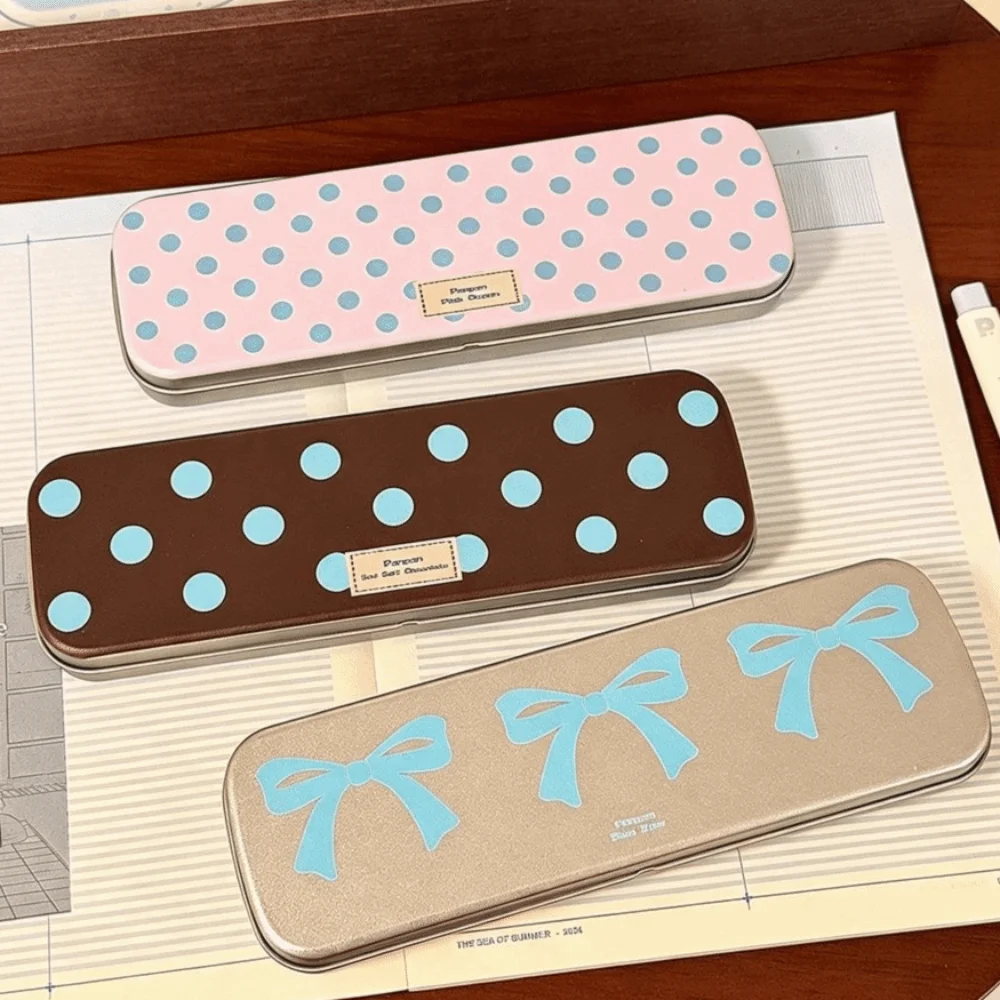 Polka Dot Pattern Metal Pencil Case Portable Long Rectangular Shape Tin Pencil Box Vintage Style Cartoon Pattern
