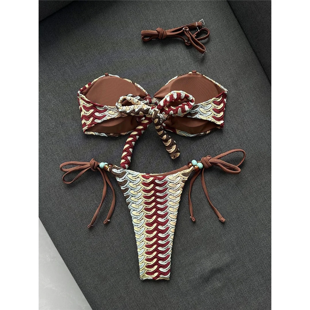 Bedruckter Neckholder-Bikini, Damen-Badeanzug, zweiteiliges Bikini-Set, Badeanzug mit hohem Beinausschnitt, Badebekleidung, Schwimmanzug V8338 – Detail 4