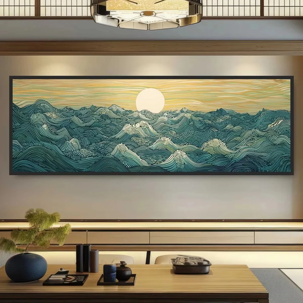 Japanese Ukiyo-e Moon Waves Canvas Print Poster Japandi Vintage Abstract Large Horizontal Art Prints Wall Art Home Decor Poster