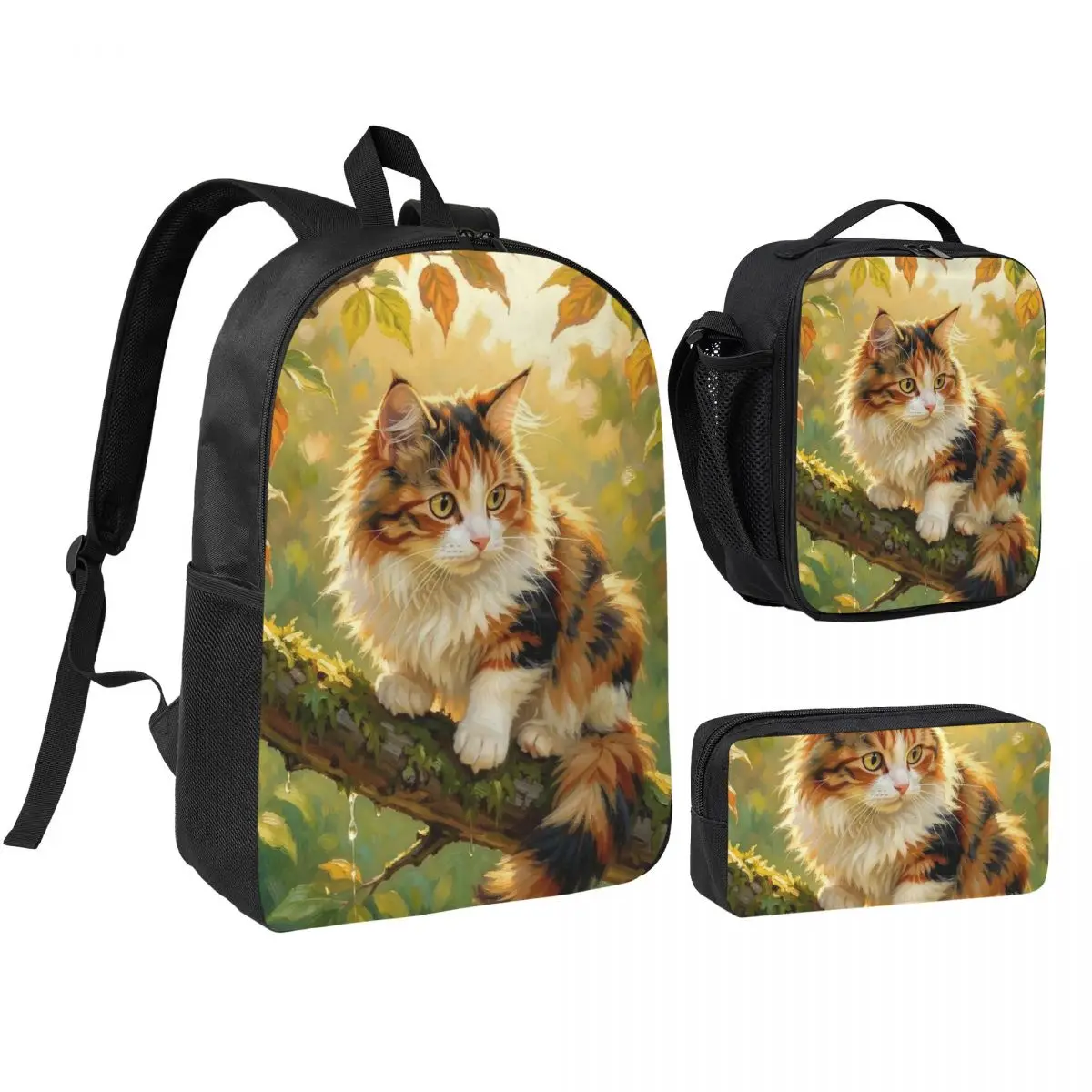 Cute Cat Sleeping On A Branch Oil Painting Backpack Kids BookBag School Bag Shoulder Bags 3ps Insulated Lunch Bag Pencil Case