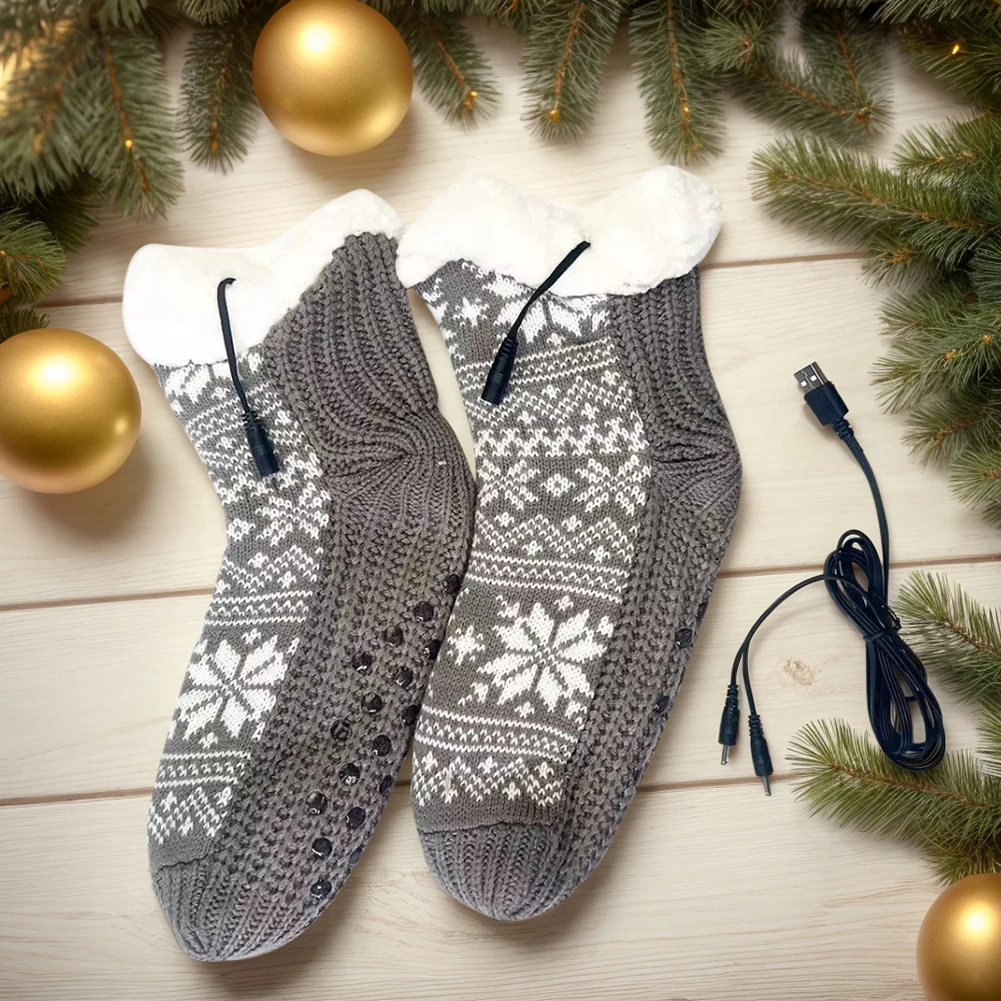 USB-beheizte weiche Stricksocken, rutschfeste, flauschige Slipper-Socken, Plüsch-Bodensocken, gemütliche Bett-Hausschuhe für Zuhause und Innenbereich
