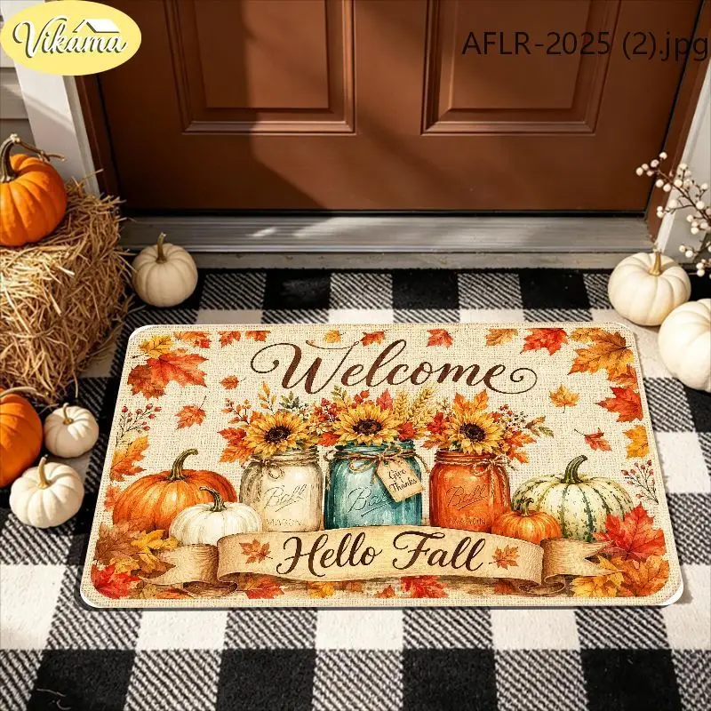 VIKAMA Fall Welcome Doormat Hello Fall Mason Jars Sunflowers Pumpkins Maple Leaves Autumn Entryway Rug Front Porch Decor