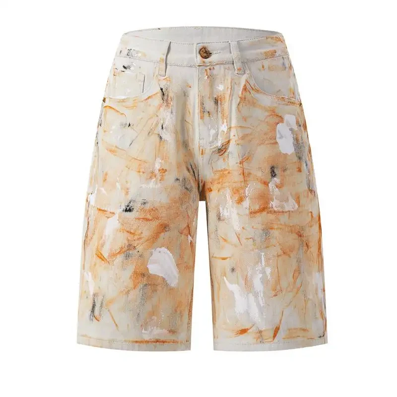 

Мужские винтажные джинсовые шорты с эффектом потертости и грязным узором, новинка 2026 года, минималистичные и стильные, с ручной росписью граффити, средней длины