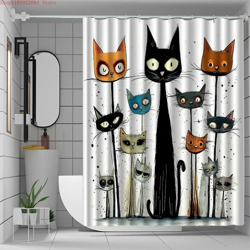 a cute shower curtain featuring a kitten design complete-   With Hooks Waterproof Mildew Proof Easy Install Washable