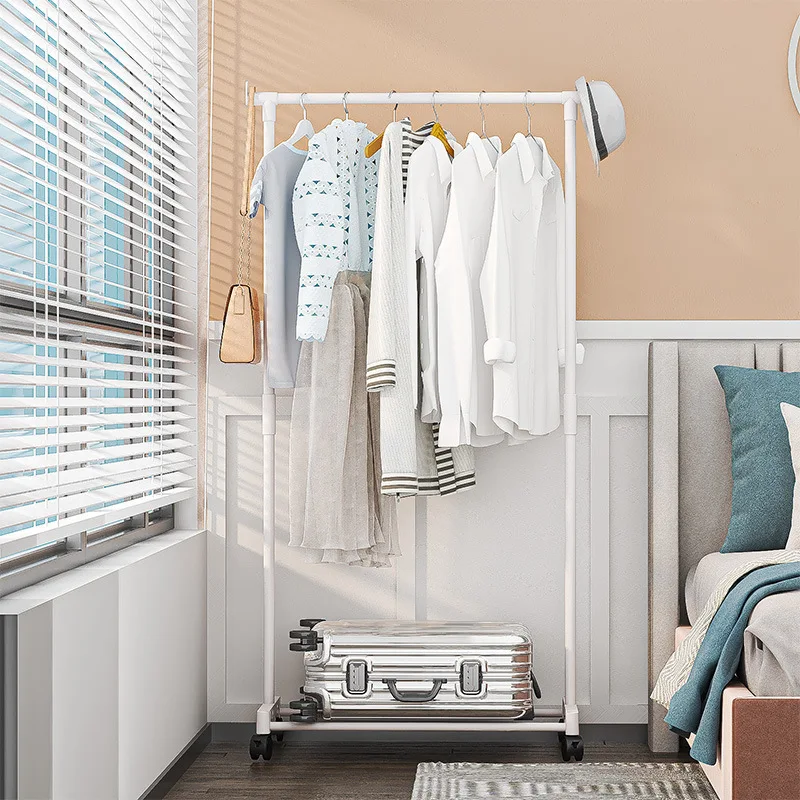 Coat Rack Movable Double Clothes Shelf Simple Rod Clothes Floor-Standing Bedroom Telescopic Floor Hangers Storage Coat Rack