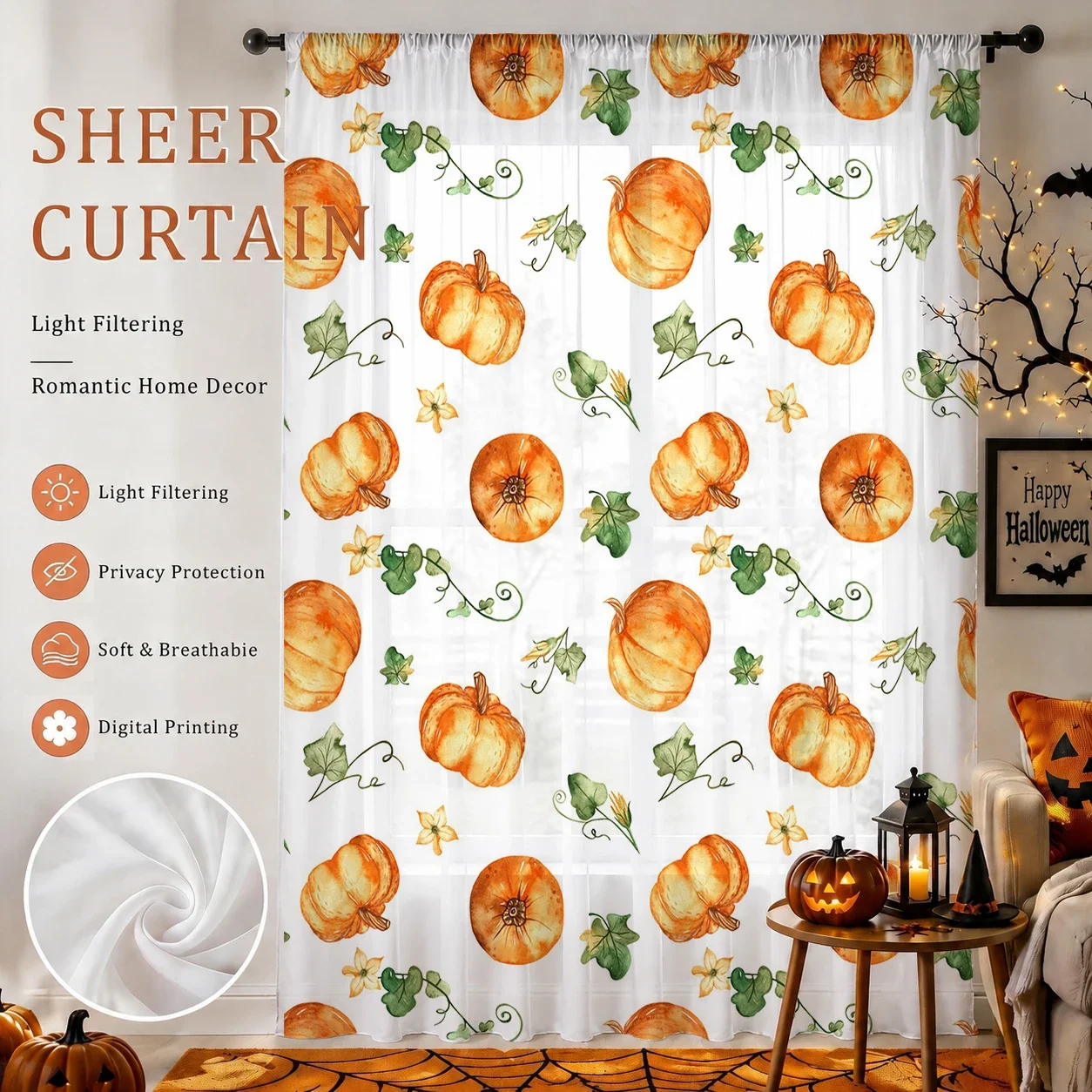 Halloween Festival Sheer Curtain, Good Quality Light Reducing Privacy Voile for Living/Bedroom/Kids Room,Mother's Day Gift