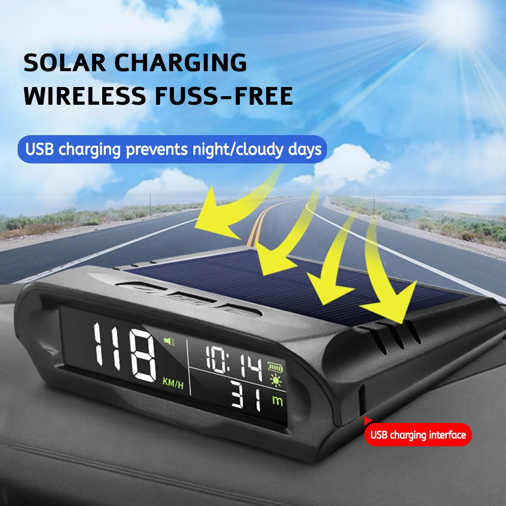 Car Wireless GPS Solar Head Up Display Driving Alarm Overspeed Alarm Display GPS Speedometer Speed Projector with Solar Charged