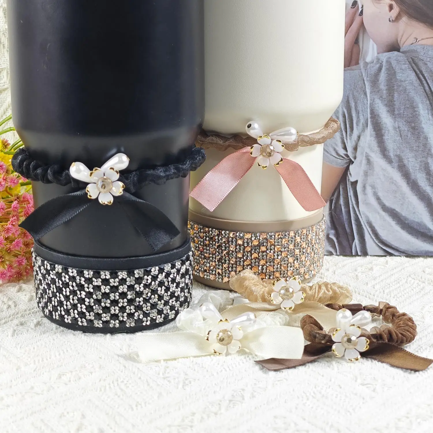 Fashion Plaid Diamond Sparkling Flower Bow Hair Tie Silicone Cup Sleeve Tumbler Base Cover Cross-Border New Accessory