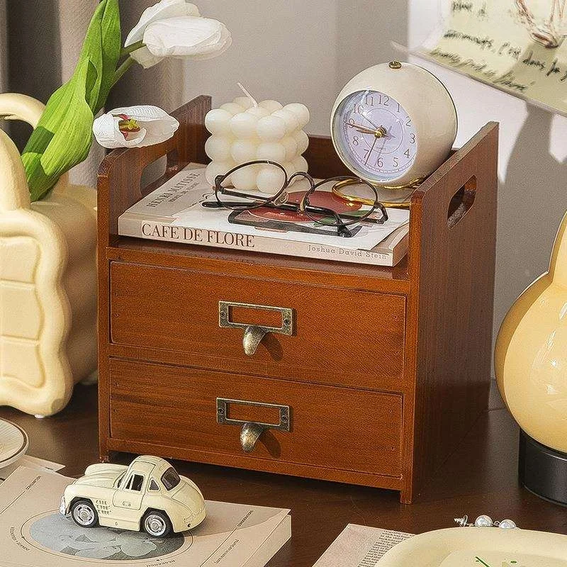Retro Wooden Handheld Storage Box Desktop Makeup Skincare Product Organizer Office Desk Drawer Style Storage Cabinet