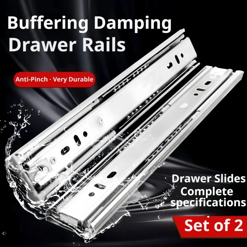 Thickened Stainless Steel Soft Close 3-Section Drawer Slide, Damping Buffer Push-to-Open Cabinet Wardrobe Guide
