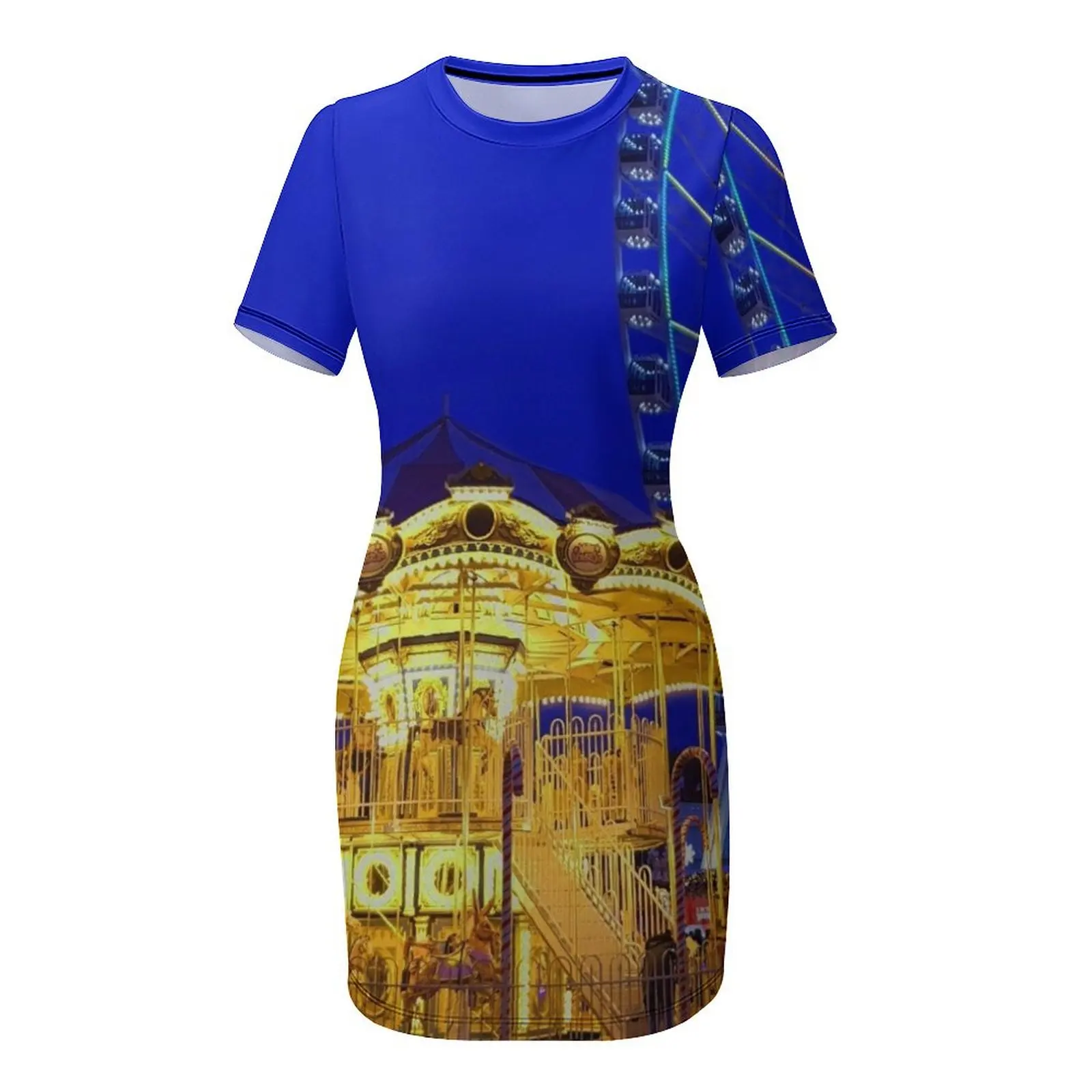 ชุดเดรสแขนสั้นลายม้าหมุนในลอนดอน ชุดเดรสชายหาด ชุดราตรีออกงาน ชุดเดรสวันเกิดสำหรับผู้หญิง